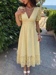 KARISMINA Women's Solid Color Woven Dress For Vacation - Yellow - View 12