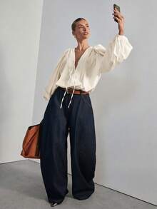 Hauture Women's Volume Balloon Long Sleeve Need V Neck Bodysuit Sexy Office Wear - Apricot - View 6