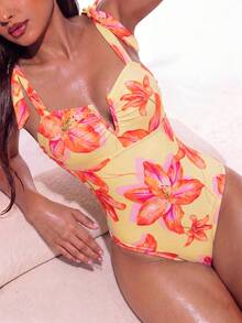 Swim Lushoire 春夏熱銷高腰海灘度假休閒連身泳衣，前領V領、綁帶式肩帶、花卉印花，夏季度假穿搭 - 彩色 - 查看 4