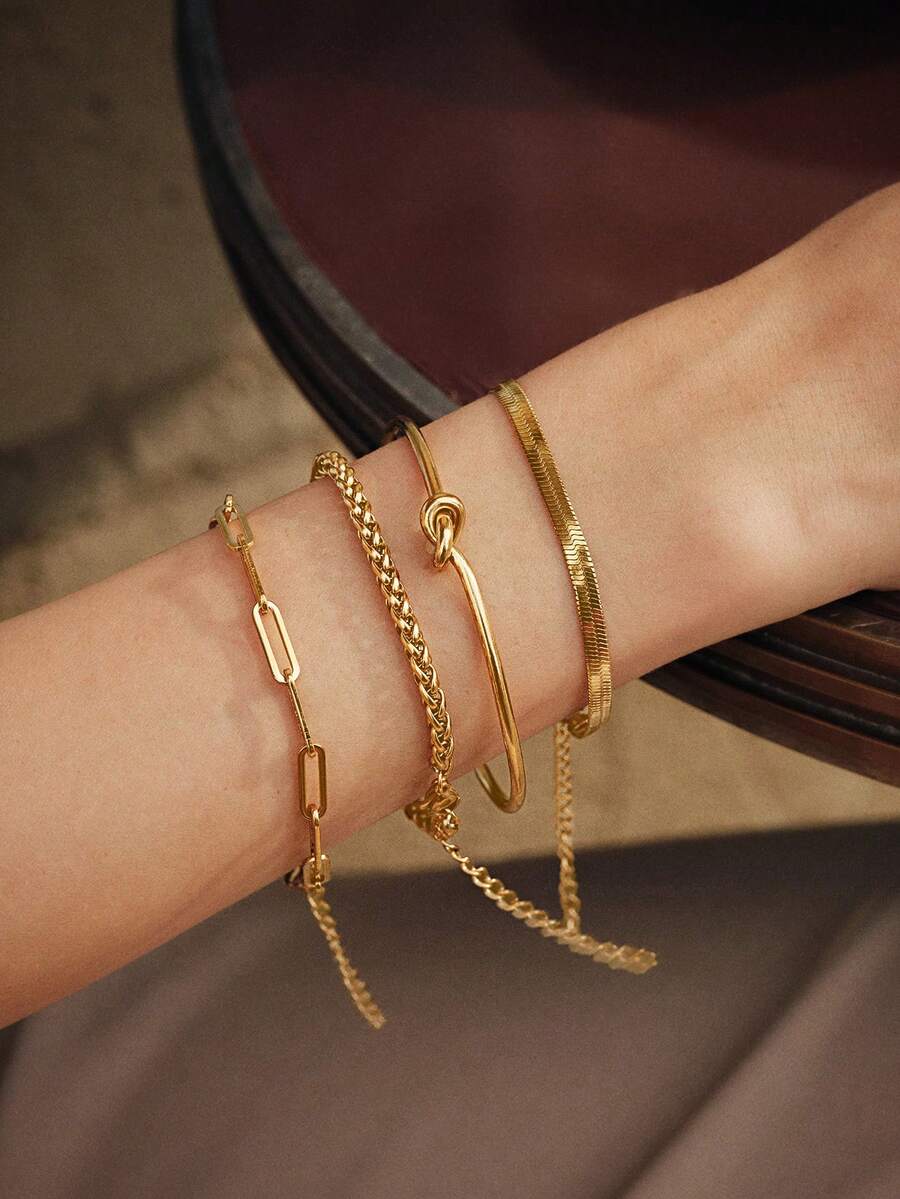 Vandermere 4pcs/Set Stainless Steel Simple Hip Hop Punk Style Chain Bracelet, Unisex, Suitable For Wearing At Music Festivals - Bracelet Set - View 1