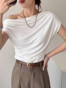 DAZY Women Oblique Shoulder Pleat T-Shirt, Minimalist & Fashionable, Suitable For Summer,Off Shoulder Top Going Out Tops - White - View 9
