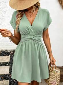 SHEIN Holidaya Women's Mint Green Mix-And-Match Collar Dropped Shoulder Cuffed Sleeve Waist Knot Cinched Waist Back Ruched Elastic Short Dress, Exquisite Elegant Casual French Romantic Vacation Vintage Office Commute Workplace Women's Beach Style European And American Style Casual Seaside Street Style Minimalist Versatile Dress, Afternoon Tea Party Valentine's Day Wedding Season Spring Summer New - Mint Green - View 2