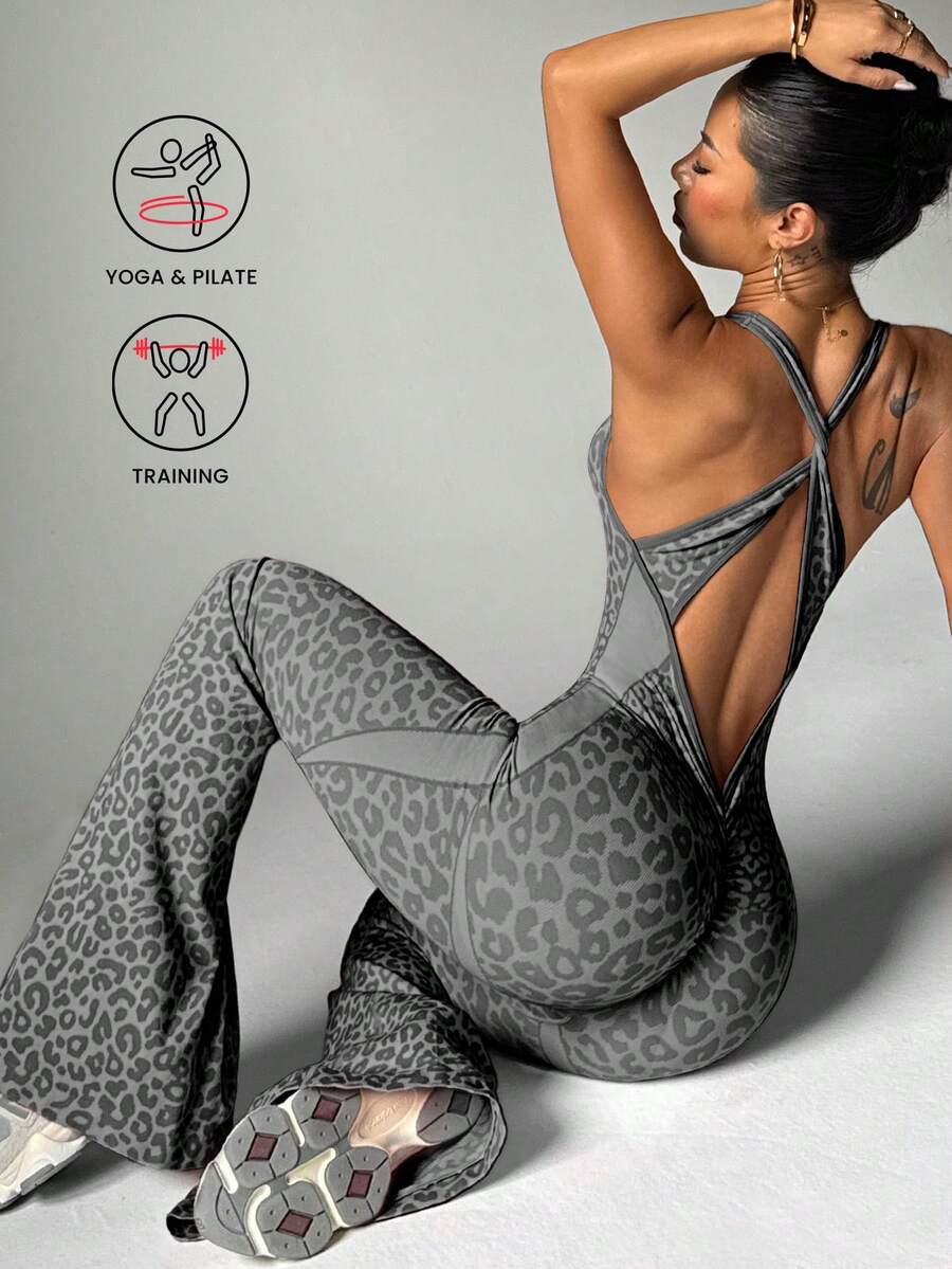 Slayform 1pc Leopard Print Twisted Back Waist Deep V Neck Flare Leg Jumpsuit