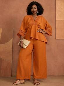 Zaforene 2pcs/Set Plus Size Women Autumn Casual Lace Patchwork Solid Burnt Orange Loose Blouse And Wide Leg Pants 2-Piece Set Festival Halloween - Burnt Orange - View 5