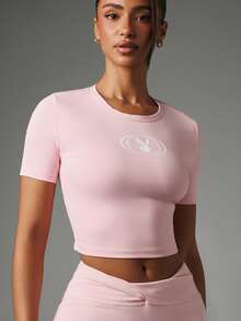 Missguided x Playboy Bunny Logo Crop Top With Open Back Detail And Crew Neck Short Sleeve Fitted Style - Pink - View 4