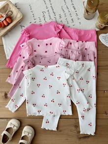 SHEIN Vintaside Kids 女嬰 0-3 歲 8 件組 春秋可愛休閒簡約外出套裝 4 件上衣與 4 件長褲 - 彩色 - 查看 2