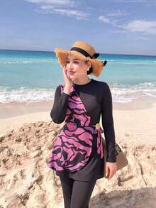Swim Shayni 女款拼色長袖上衣與喇叭褲布基尼兩件式泳衣套裝，適合夏季度假海灘 - 黑色 - 查看 1