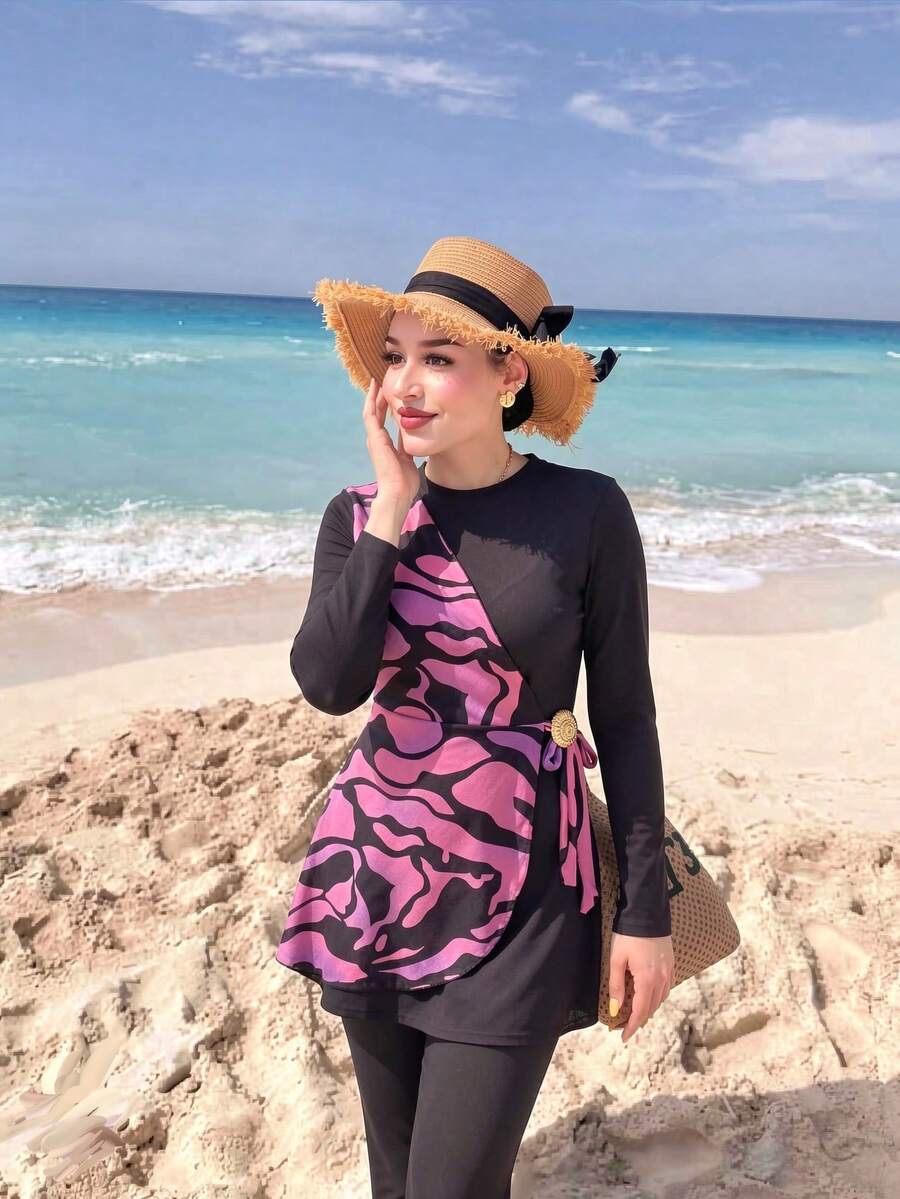 Swim Shayni 女款拼色長袖上衣與喇叭褲布基尼兩件式泳衣套裝,適合夏季度假海灘 - 黑色 - 查看 1