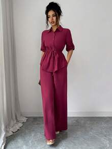 Elenzga Women's Autumn Casual Cotton Solid Color Cinched Waist Top Long Pants 2 Pieces Set Home Commute Vacation Office Brunch Bright Magenta - Burgundy - View 4