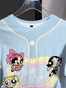 THE POWERPUFF GIRLS X SHEIN 女款夏季休閒條紋卡通印花T恤 - 白色 - 查看 3