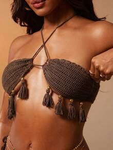 Hauture Crochet Bikini Top With Tassel & Gold Bead Detail - Brown - View 4