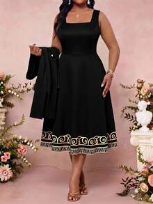 SHEIN Lady 大尺碼女款拼色洋裝與素色開襟衫休閒日常兩件套 - 黑色 - 查看 5