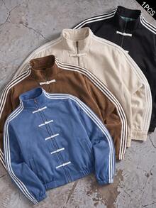 SWAVVY Chaqueta casual de hombre con botones de rana, a rayas y bloques de color, para primavera/otoño - Azul - Ver 9