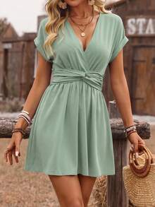 SHEIN Holidaya Women's Mint Green Mix-And-Match Collar Dropped Shoulder Cuffed Sleeve Waist Knot Cinched Waist Back Ruched Elastic Short Dress, Exquisite Elegant Casual French Romantic Vacation Vintage Office Commute Workplace Women's Beach Style European And American Style Casual Seaside Street Style Minimalist Versatile Dress, Afternoon Tea Party Valentine's Day Wedding Season Spring Summer New - Mint Green - View 5