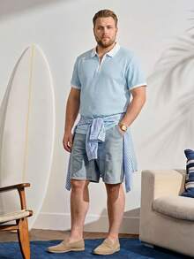 VeloEdit Plus Size Men's Solid Color Short Sleeve Polo Shirt, Fashionable For Summer Fall Winter - Baby Blue - View 2