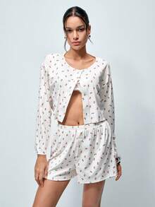 Softvol 2pcs Women's Round Neck Drop Shoulder Print Cardigan + Elastic Waist Button Front Shorts Set - White - View 9