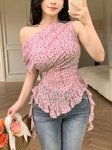 Modelyn 女款黃色碎花不對稱單肩荷葉邊百褶性感極簡度假上衣 - 粉色 - 查看 6