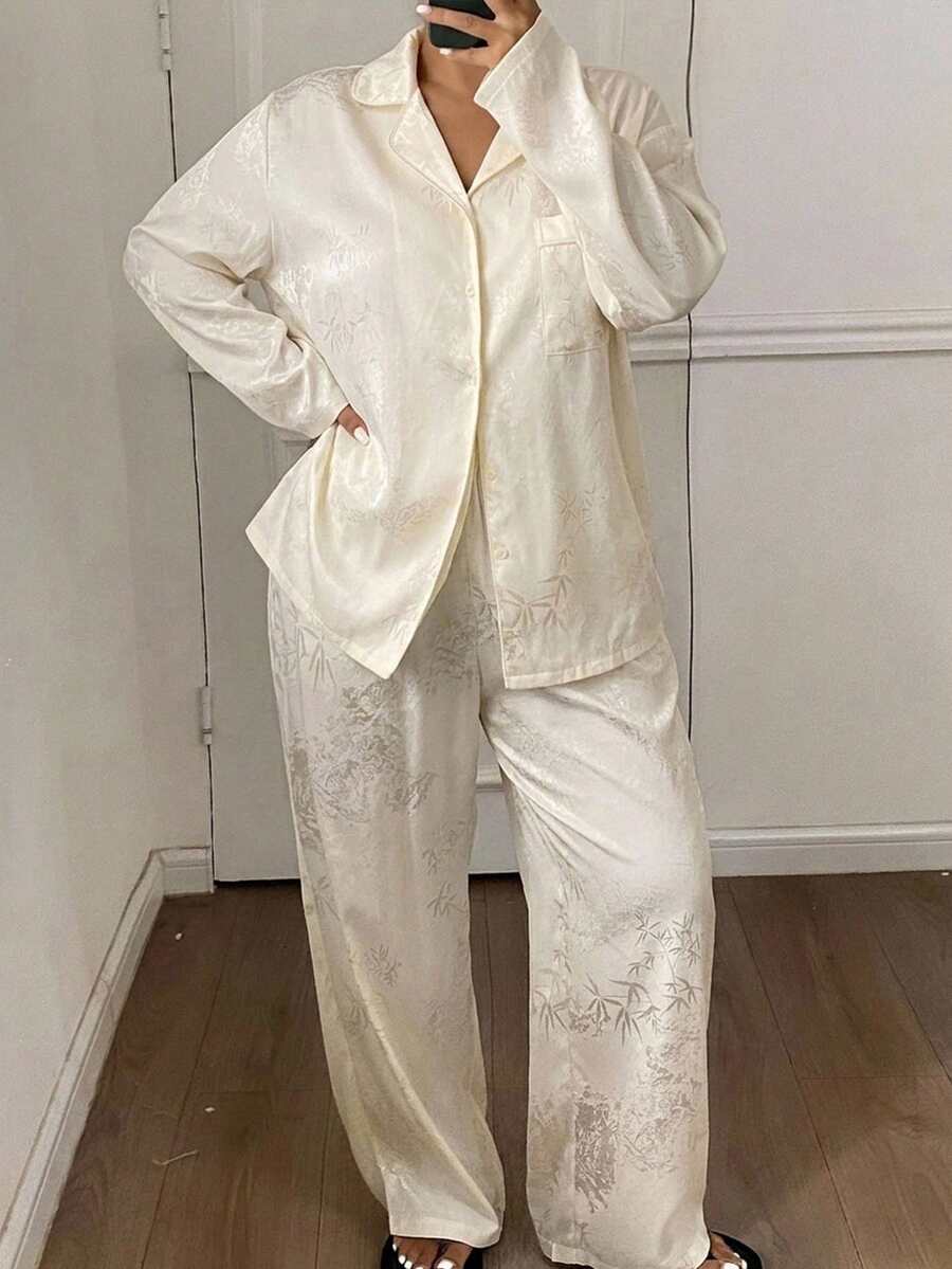 Dazy Plus 12pcs Chinese Style Bamboo Pattern Jacquard Satin Long Pants Loungewear Spring/Autumn Pajama Set - Apricot - View 1