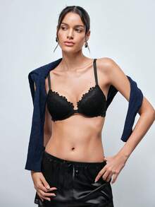Softvol Peach Girl Black Sexy Lace Front Closure Bra, Women's Thin Cup Comfortable Breathable Pleated Bra - Black - View 2