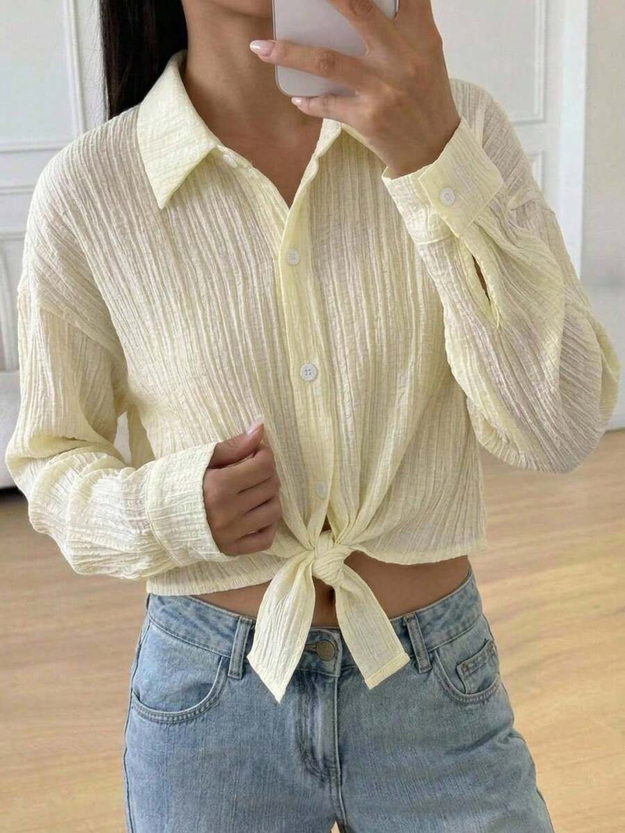 SHEIN 青少年女孩休閒日常舒適翻領短版襯衫 - 白色 - 查看 1
