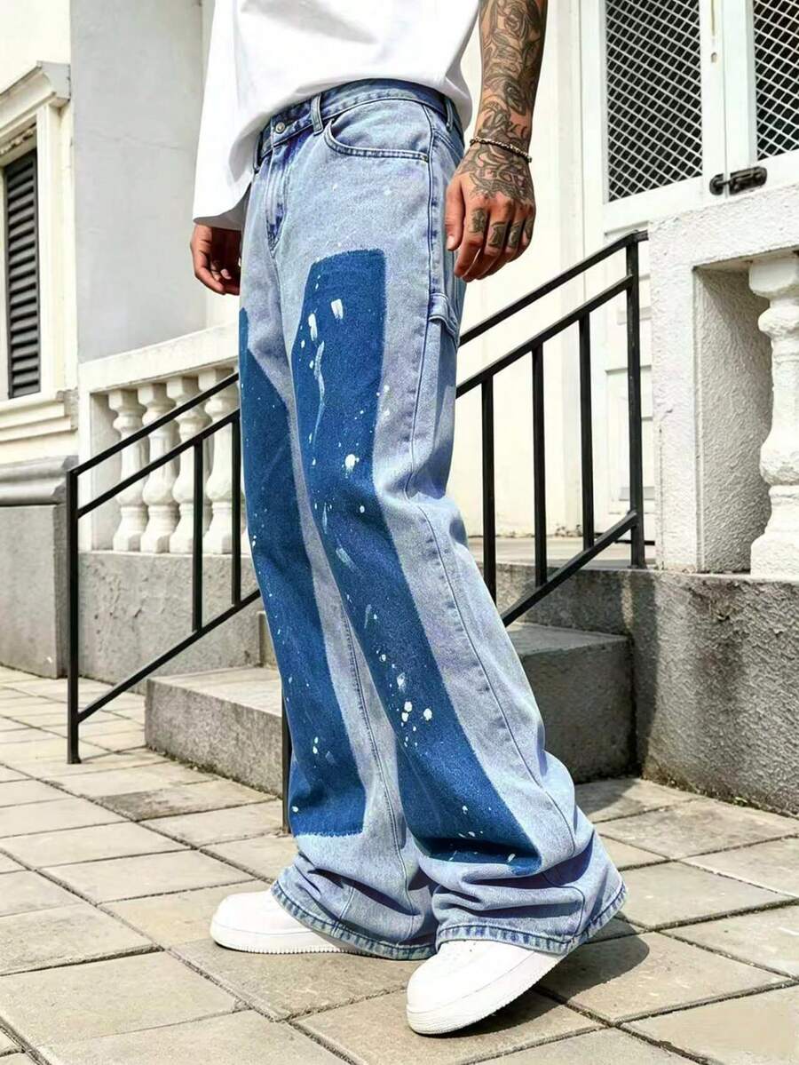 GALLERY FADE Men's Casual Flare Denim Jeans, Splatter Design Loose Wide Leg Jeans, Streetwear Retro Washed Casual Pants - Blue - View 1