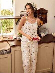 Kirschenmuster Camisole Top & Hose Pyjama Set - Beige - Übersicht 1