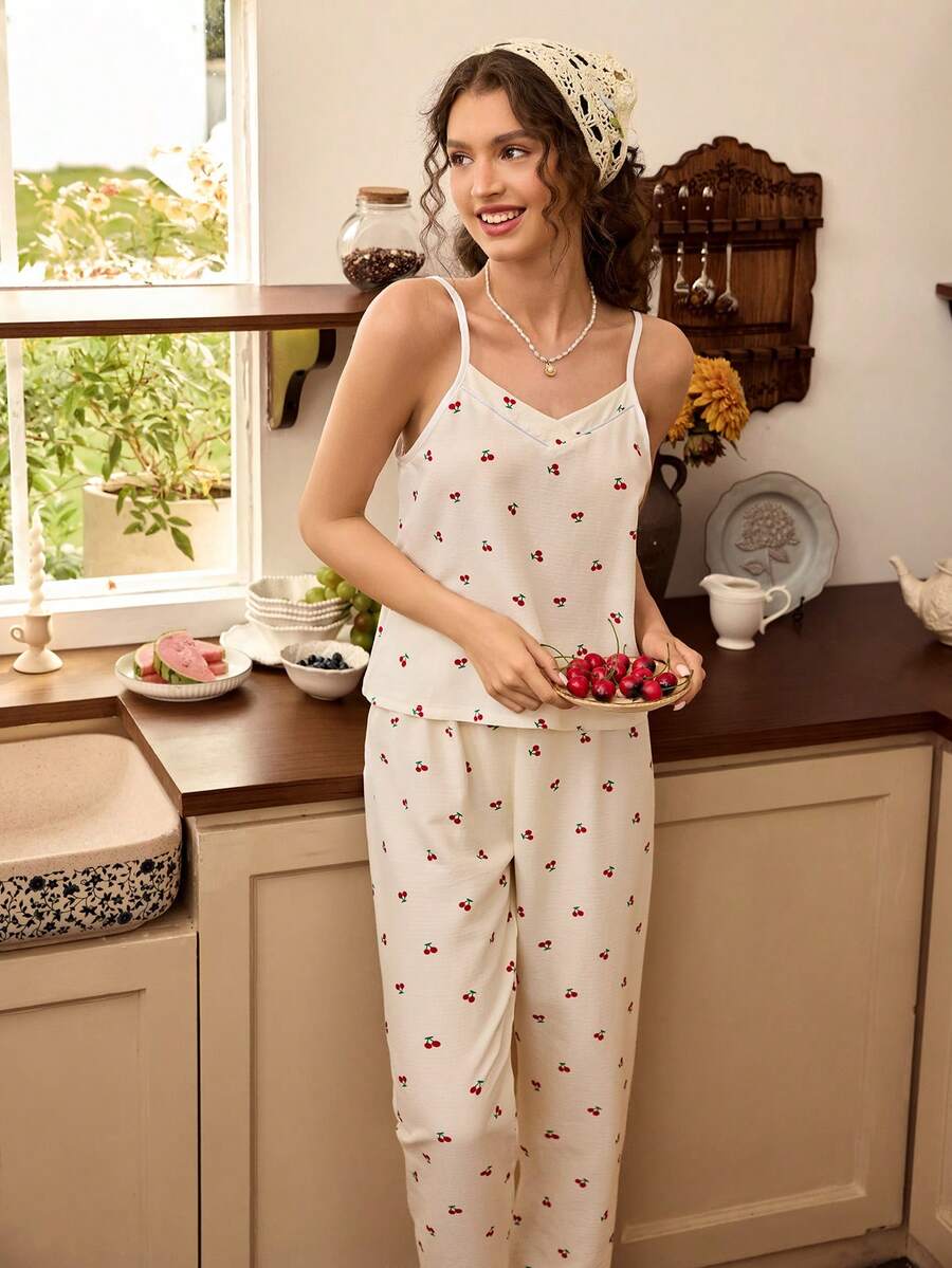 Kirschenmuster Camisole Top & Hose Pyjama Set - Beige - Übersicht 1