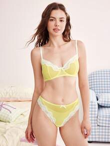 Eraneu 2pcs Bright Yellow Semi-Sheer Underwire Lace Patchwork Lingerie Set For Women - Yellow - View 1