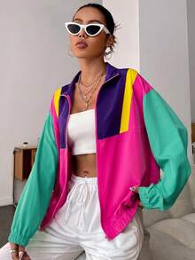 SHEIN EZwear 春季配色拼接落肩拉鍊夾克 秋冬多色女款輕便外套 - 彩色 - 查看 4