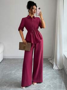 Elenzga Women's Autumn Casual Cotton Solid Color Cinched Waist Top Long Pants 2 Pieces Set Home Commute Vacation Office Brunch Bright Magenta - Burgundy - View 3