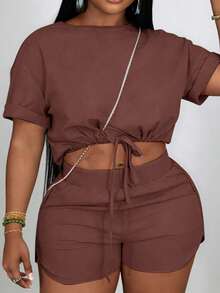 Slaydiva Slayr Plus Casual Solid Color Fitted Drawstring Split Hem Women's Plus Size Two Pieces Set, Outfits, Set, Summer, Two Pieces - Brown - View 7