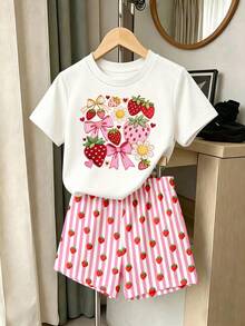 (Patrón aleatorio, 1 set aleatorio) Camiseta corta básica y pantalones cortos para niñas con estampado de fresa, lazo, corazón, rayas rosas y blancas, y flores de colores - Multicolor - Ver 3
