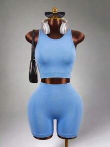 Mistrie Contrast Trim Crop Sports Workout Tank Tops Gym Top Fitted Shirt - Baby Blue - View 4