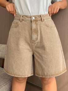 Dazy Plus Khaki Back Pocket Bow Embroidery Straight Leg Knee Length Denim Shorts Spring/Summer Back-To-School Date Night Hiking Casual - Camel - View 4