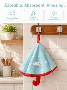 Zazumi 1PC/2PCS Cute Hanging Umbrella Shaped Hand Towel / Thick Plush Coral Fleece White Polka Dot Print Color Contrast Trim Handkerchief, Ultra Water Absorbent Quick Dry Soft Fluffy Wipe Cloth With Built-In Hanging Loop - Multicolor - View 6
