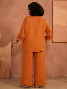 Zaforene 2pcs/Set Plus Size Women Autumn Casual Lace Patchwork Solid Burnt Orange Loose Blouse And Wide Leg Pants 2-Piece Set Festival Halloween - Burnt Orange - View 3