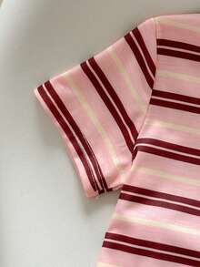 SHEIN Playful Pals 女嬰休閒時尚日常圓領標準肩短袖短版粉色T恤，附3D蝴蝶結與鬆緊腰短褲套裝 - 彩色 - 查看 6