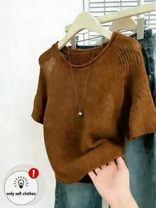 INAWLY Classic Short Sleeve Crew Neck Knit Top - Brown - View 3