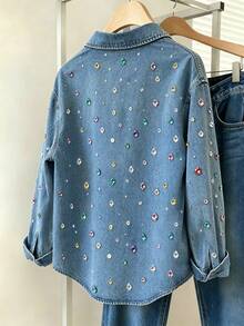Resyla 熱銷新款甜酷風重工刺繡彩虹水鑽翻領寬鬆長袖女款襯衫，可單穿或作為秋季外套疊穿，適合日常出遊與購物 - 彩色 - 查看 2