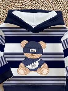 SHEIN 2件組男嬰連帽衛衣套裝 海軍藍白色條紋熊圖案 長袖連帽上衣 可愛開學季 秋冬款 - 彩色 - 查看 5