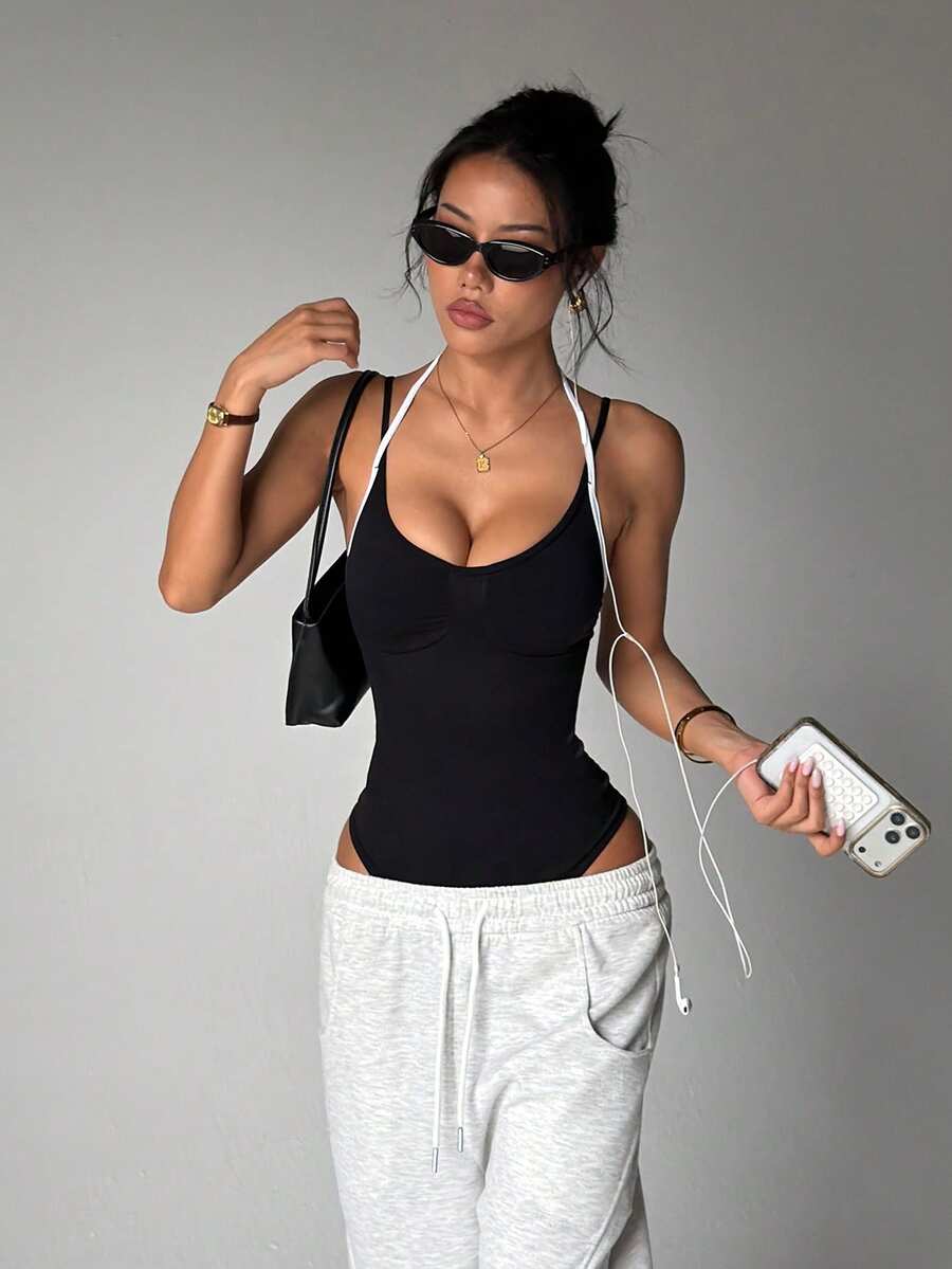 SHEIN Dewbera Women's Solid Color Ruched Seamless Knit Camisole Jumpsuit - Black and White - View 1