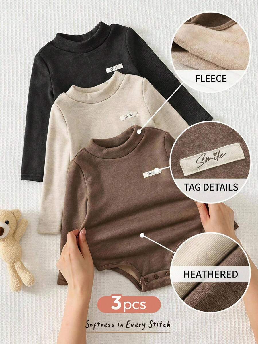 SHEIN Baby Girl Solid Color Knit Soft Round Neck Long Sleeve Bodysuit 3 Pieces Set - Apricot - View 1
