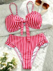 Swim Mod 女款夏季海灘度假波點印花荷葉邊抹胸上衣與高腰下裝套裝 - 彩色 - 查看 4