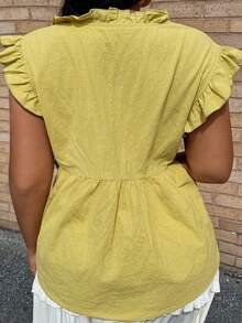 Dazy Plus Patchwork Frill Trim Front Opening Bowknot Drawstring Decor Flutter Sleeve Light Pink Plus Size Women Spring Summer Camisole Tank Top Beach Vacation - Yellow - View 2