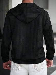 Manfinity Homme 男士華夫格紋理連帽運動衫夾克，保暖內裡，附拉鍊、抽繩與口袋 - 黑色 - 查看 2