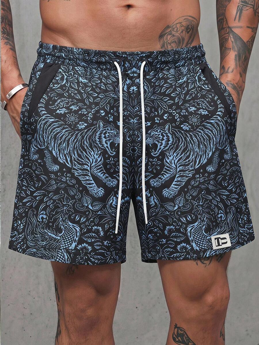 GETOML Men's Summer Casual Tropical Plant Tiger Print Shorts Beach Vacation Black - Black - View 1