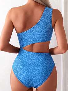 SHEIN Swim 女款一件式不對稱單肩純色拼接豹紋無袖休閒舒適度假泳衣 - 彩色 - 查看 2
