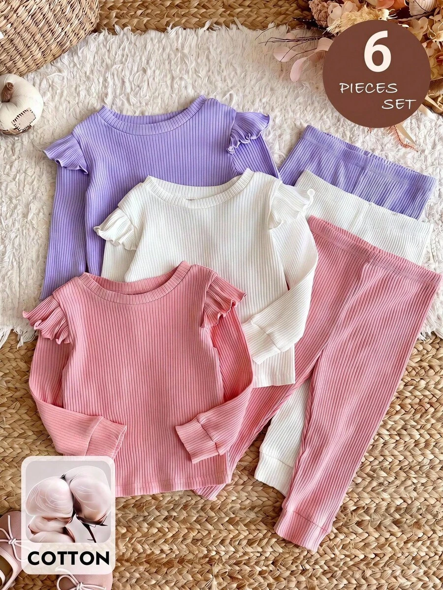 SHEIN 女嬰針織純色圓領荷葉邊下擺休閒T恤與長褲6件套 - 彩色 - 查看 1