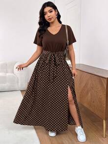 Embrisa Plus Size Summer Vacation Romantic Vintage Polka Dot Print V-Neck Short Sleeve Dress, Brown - Multicolor - View 6