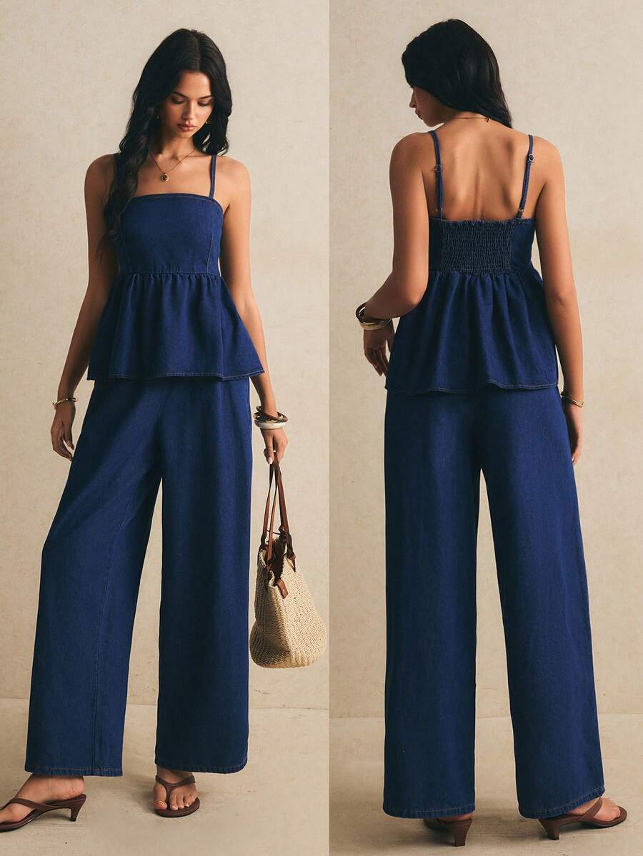 Poéselle Women's Solid Color Tank Top And Elastic Waist Jeans Set, Dark Blue Two-Piece Set Casual Sets For Women  Y2K